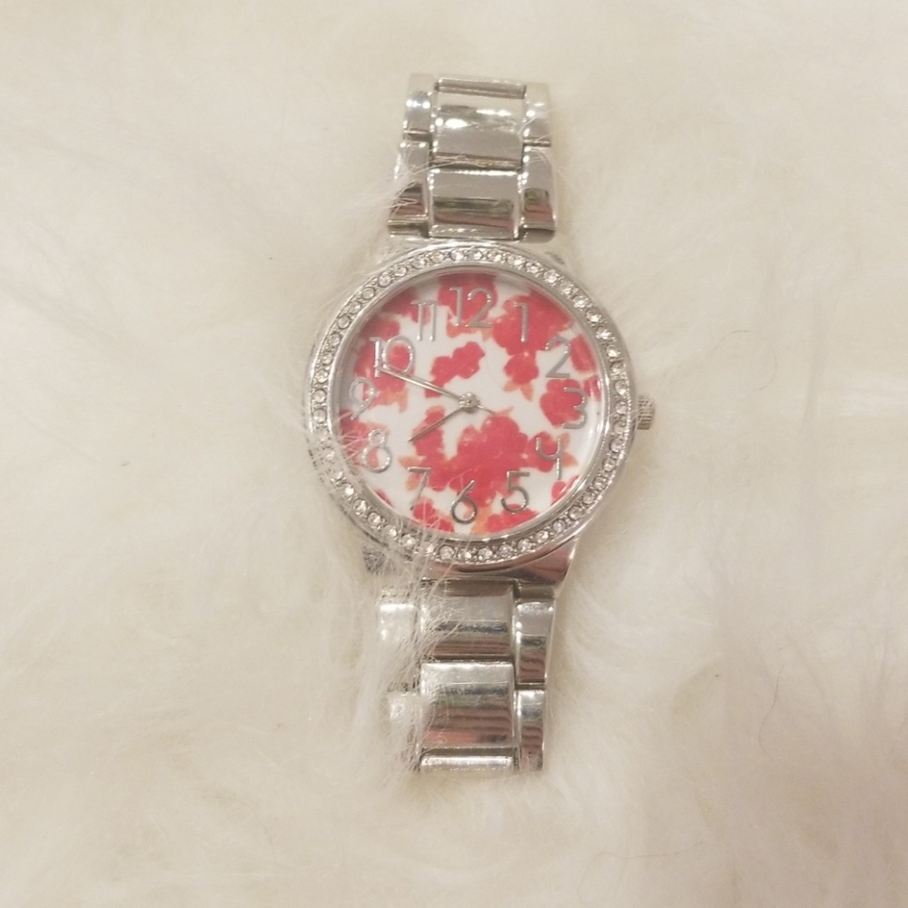 Silver watch with red flowers